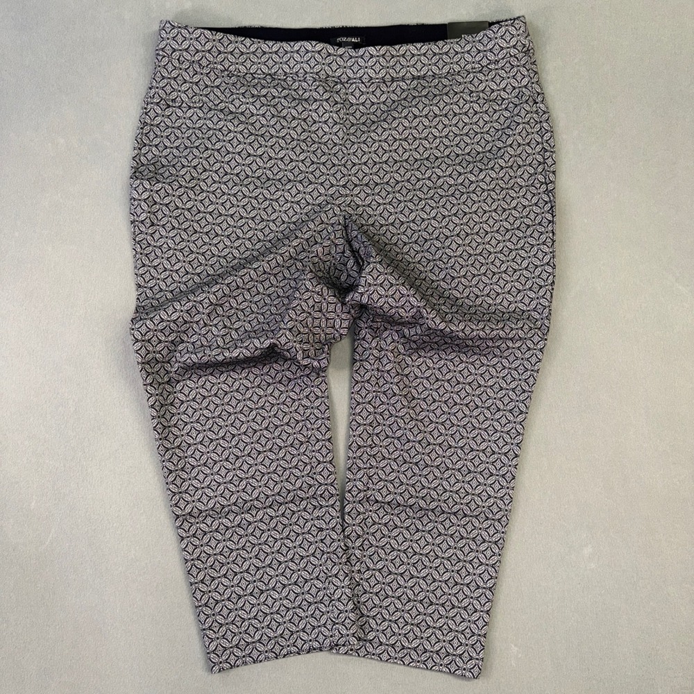 Roz & Ali Womens 22W Ankle Pants Black White Geometric Medallion Stretch Pull On